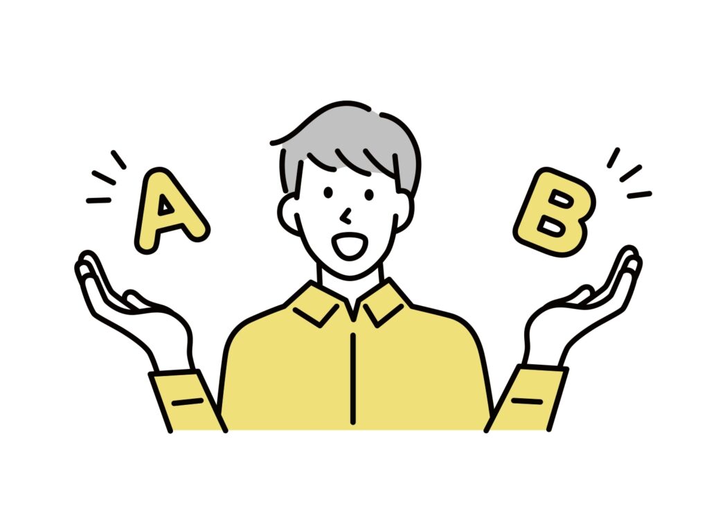 AとBを比べる男性のイラスト